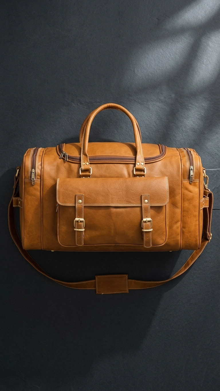 Front view of the tan Ridgeway Cabin Duffel, showing the two-buckle front pocket and twin handles, with the shoulder strap arranged below.