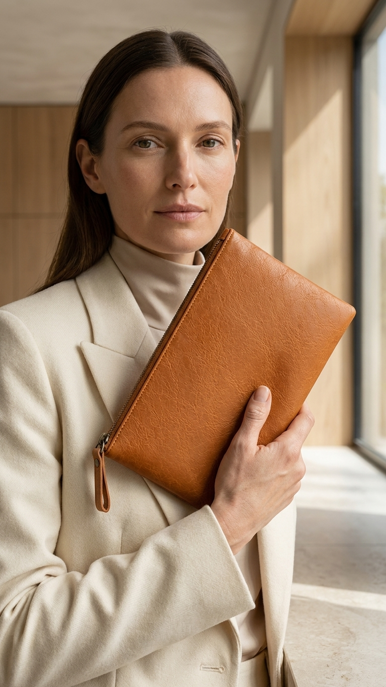 Twinleaf and Clay pouch held against the body, with the closed zipper and pull tab visible.