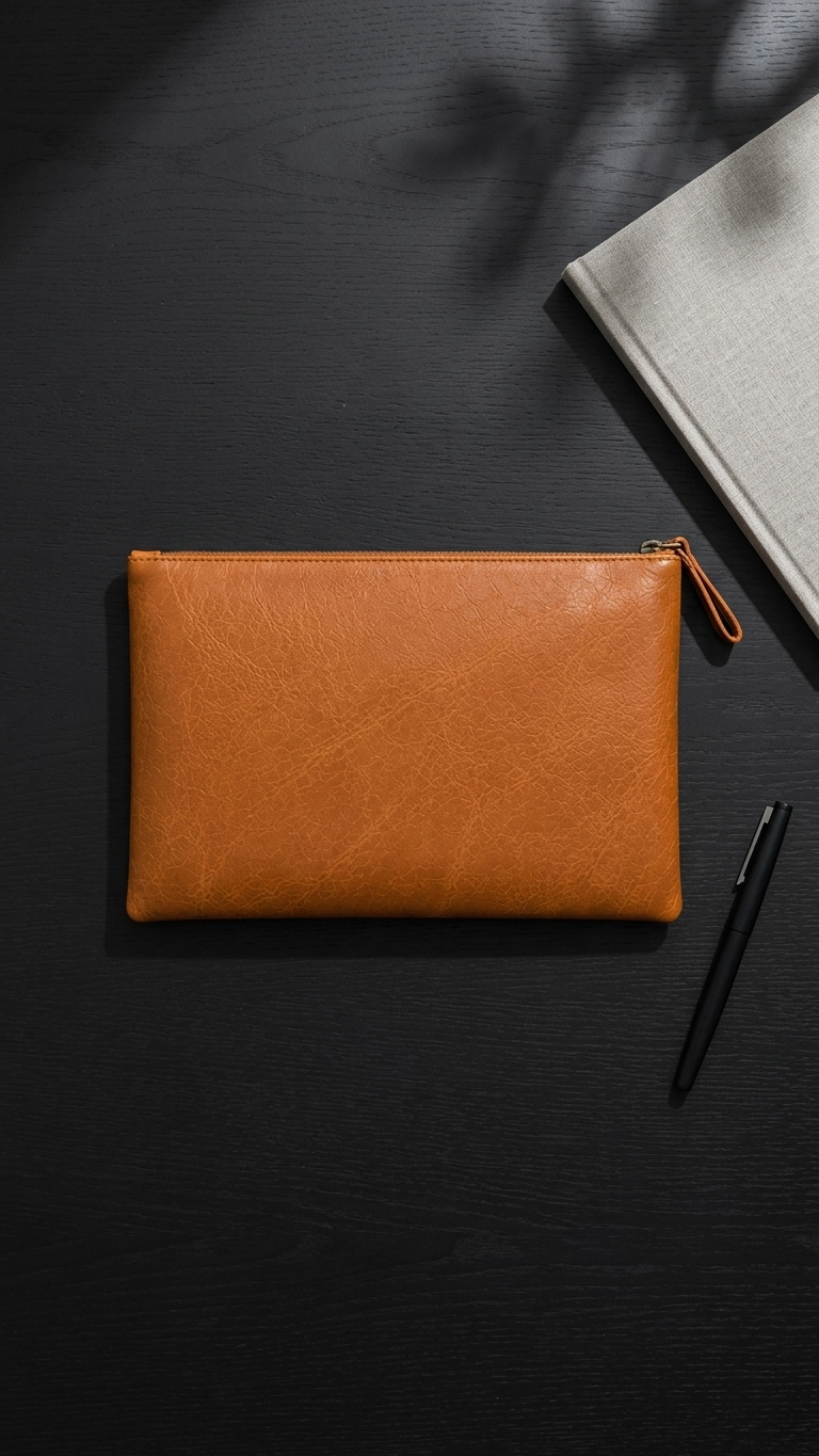 Twinleaf and Clay pouch arranged beside a notebook and pen on a dark desk.