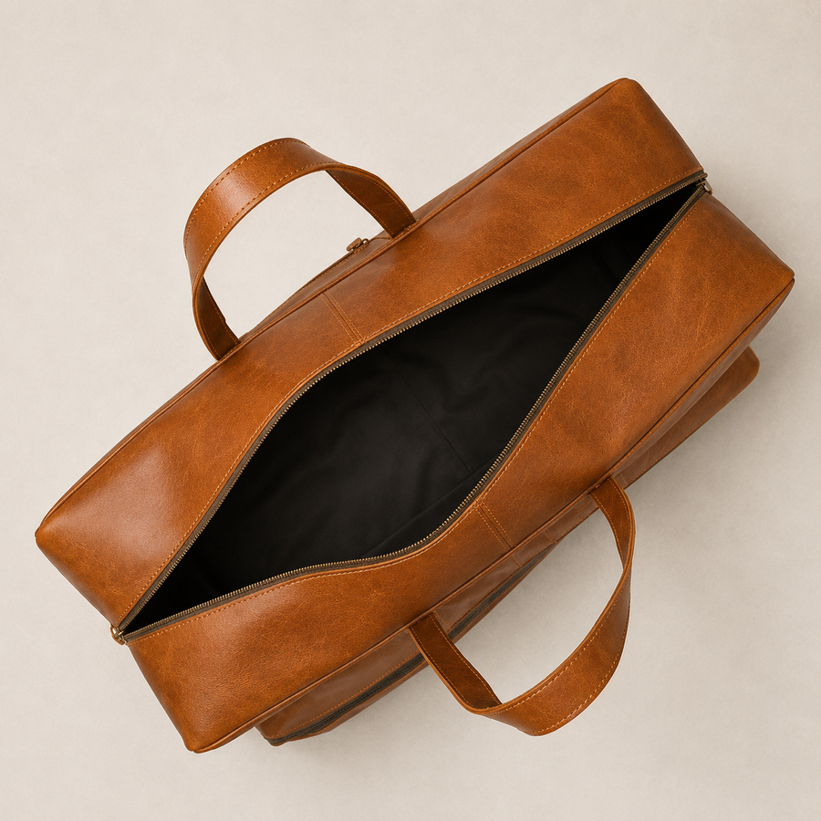 Top view into the Courtside bag through the open main zipper, showing the dark-lined compartment.