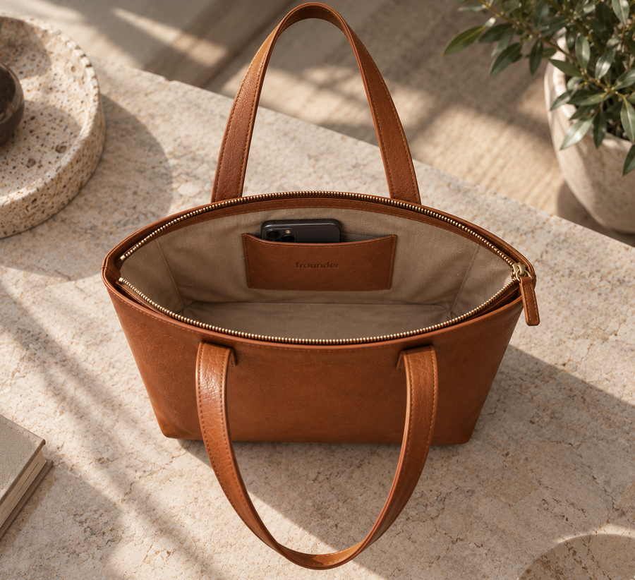 Switchgrove opened to reveal its lined main compartment and a slip pocket holding a phone.