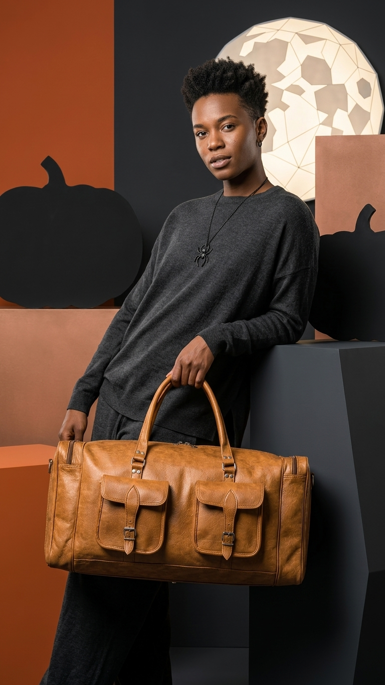 Tan Cedartrail Travel Duffel held by its top handles beside the body, with both buckled front pockets facing forward.