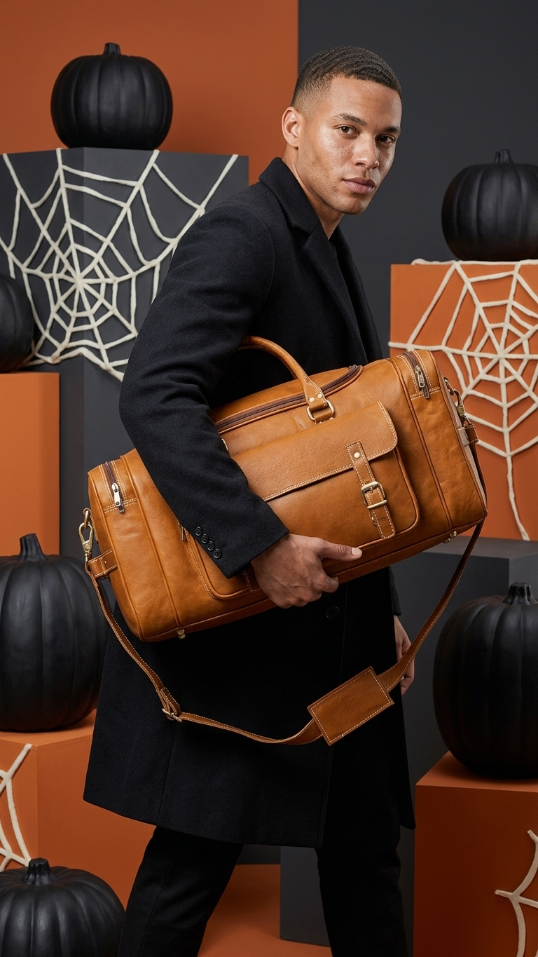 Ridgeway Cabin Duffel in tan held across the body, with an arm supporting the base and the long shoulder strap hanging below.