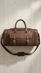 Dark brown Ridgeway Cabin Duffel on a pale stone background, showing its two-buckle front pocket, top handles and long shoulder strap.