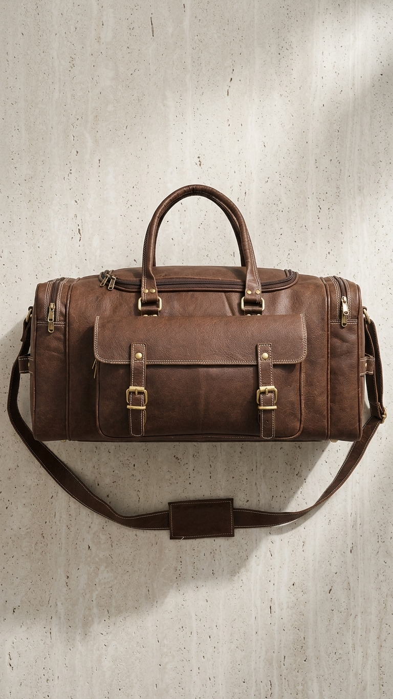 Dark brown Ridgeway Cabin Duffel on a pale stone background, showing its two-buckle front pocket, top handles and long shoulder strap.