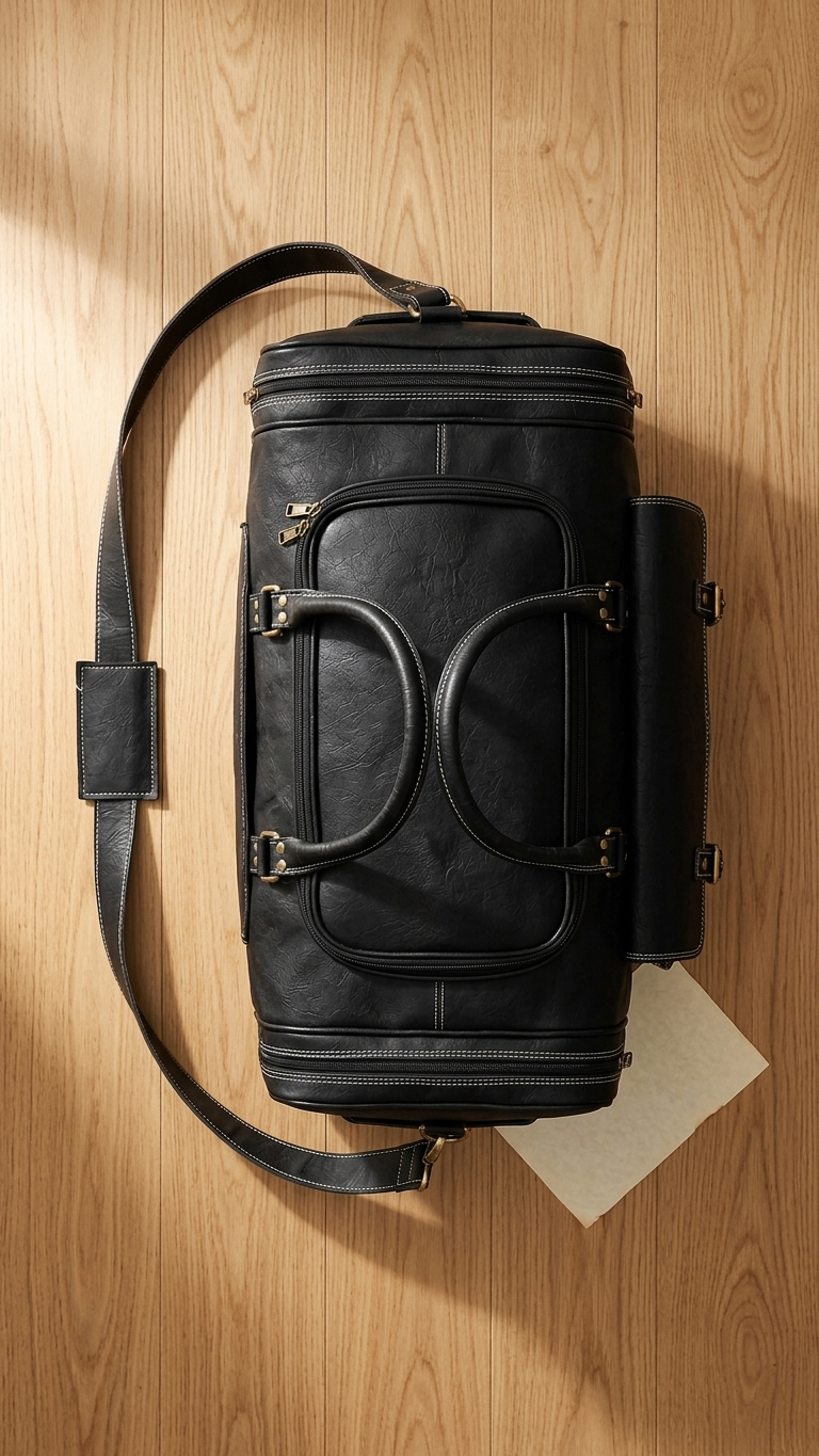 Top view of the black Ridgeway Cabin Duffel, showing the U-shaped main zipper, folded handles and zipped end compartments.