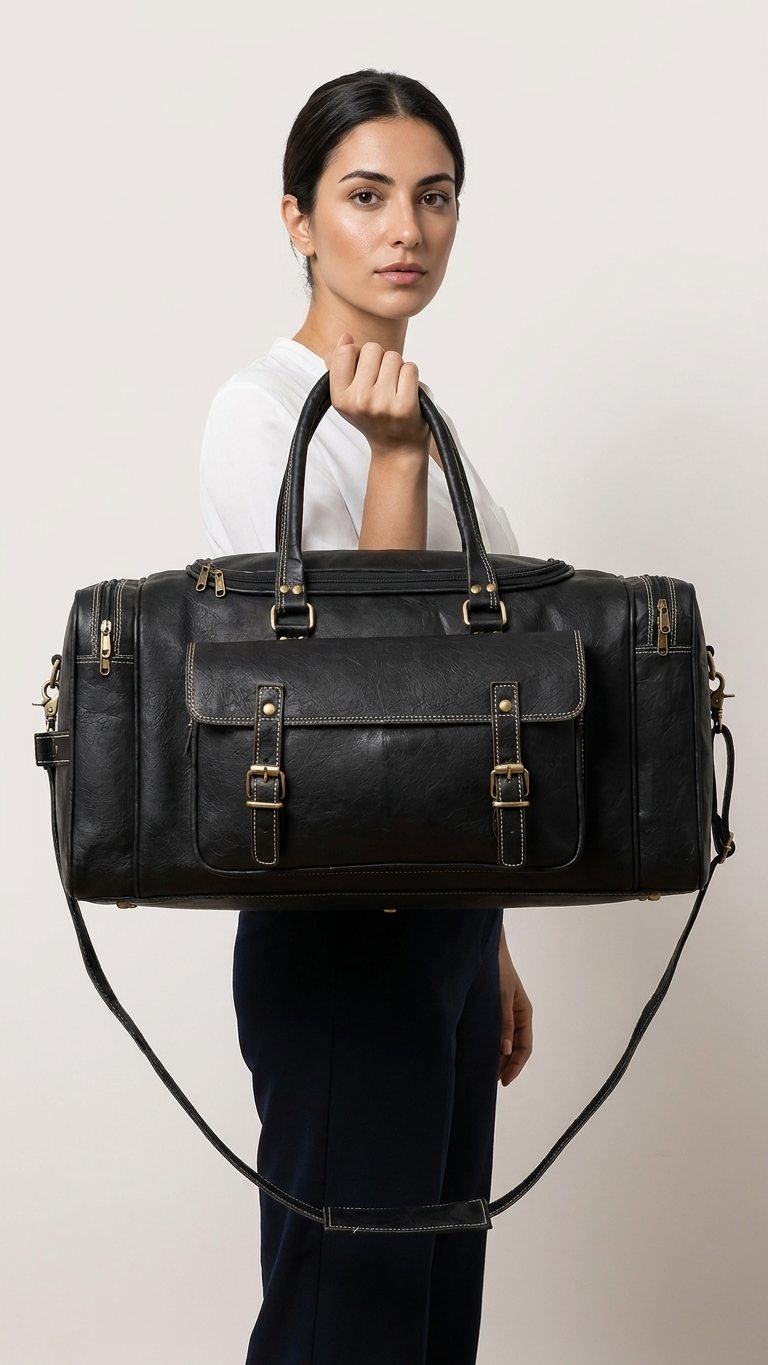 Black Ridgeway Cabin Duffel held by its twin top handles, with the two-buckle front pocket facing forward and shoulder strap hanging below.