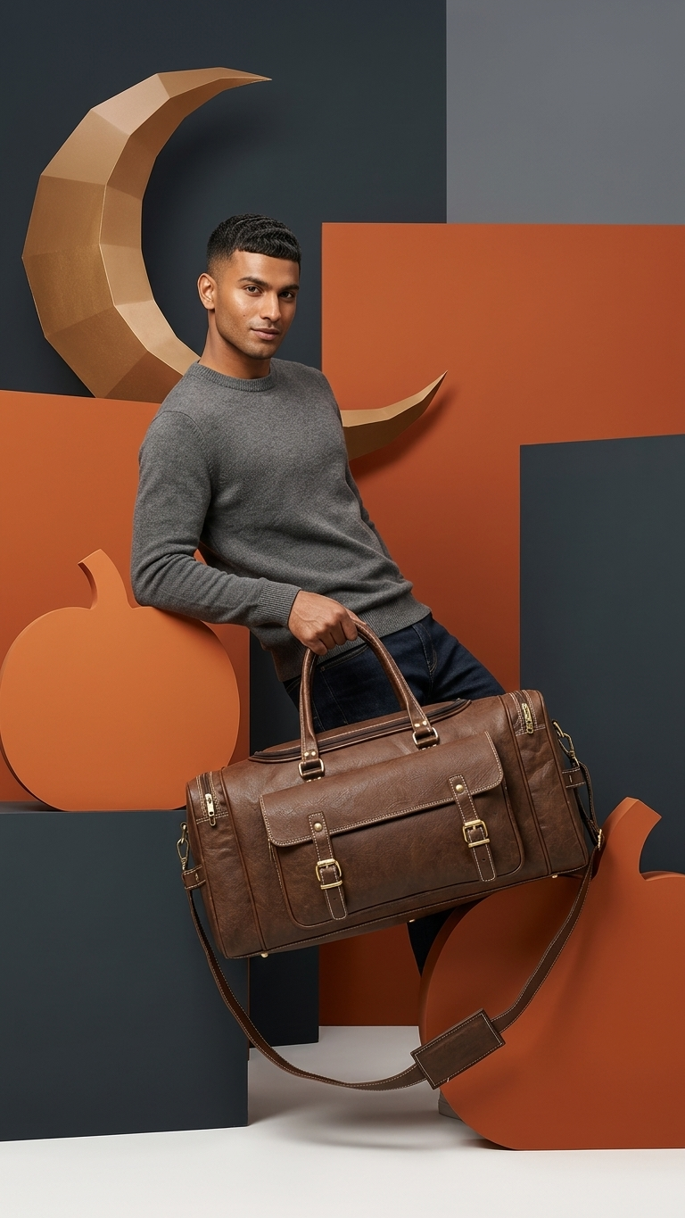 Dark brown Ridgeway Cabin Duffel carried by its top handles beside a seated person, with the shoulder strap hanging down.