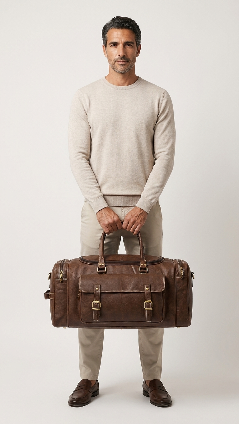 Dark brown Ridgeway Cabin Duffel held in front of the body by its top handles, showing the two-buckle front pocket.