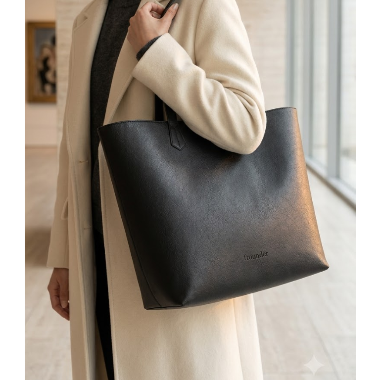 Black Daygrove tote carried over one shoulder.