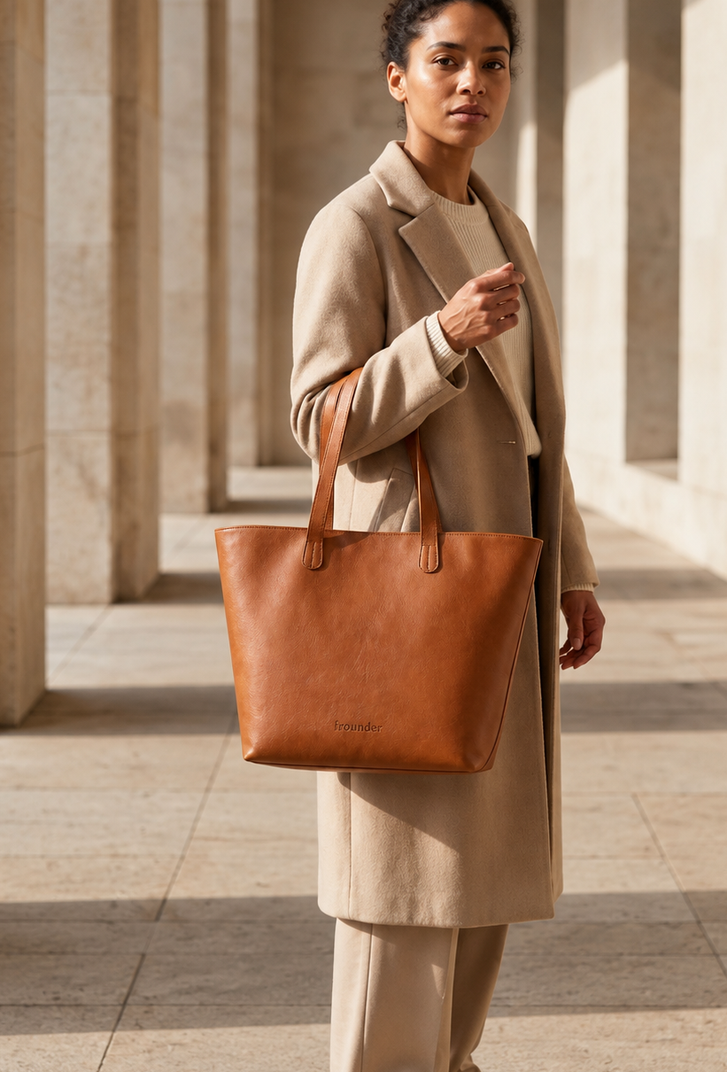 Tan Daygrove tote carried over the forearm.