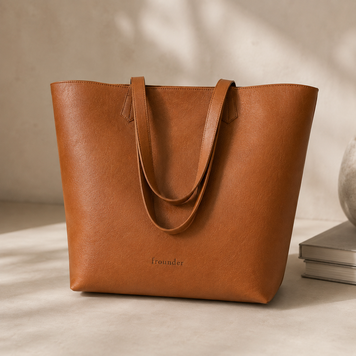 Tan Daygrove tote standing on a tabletop, showing its tapered sides.