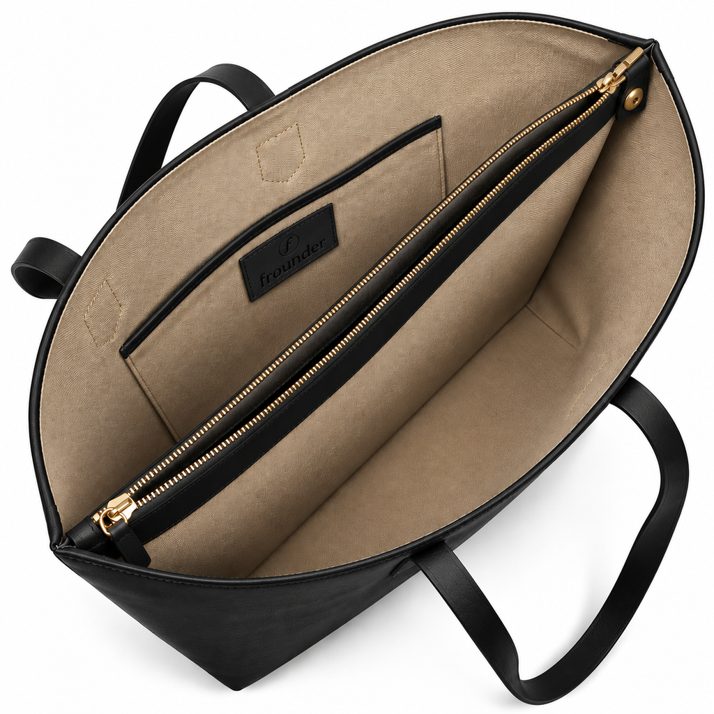 Black Daygrove interior showing a central zipped divider and a side slip pocket.