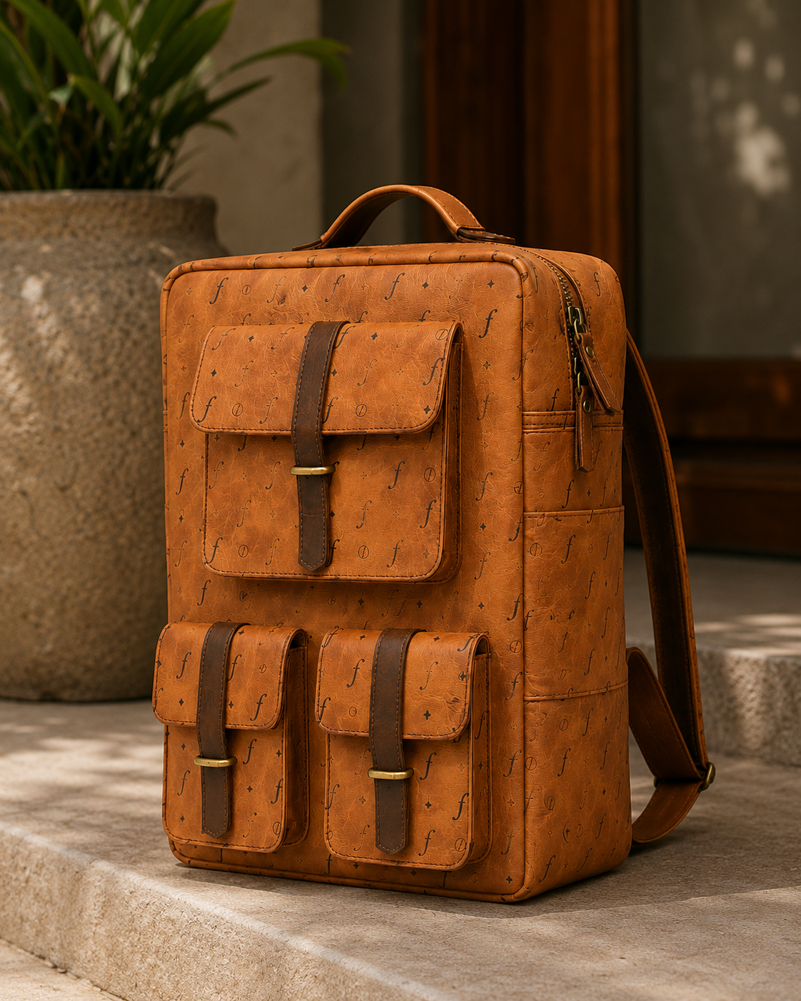 Trailhead Daypack standing on stone steps, with three front pockets and a side pocket.