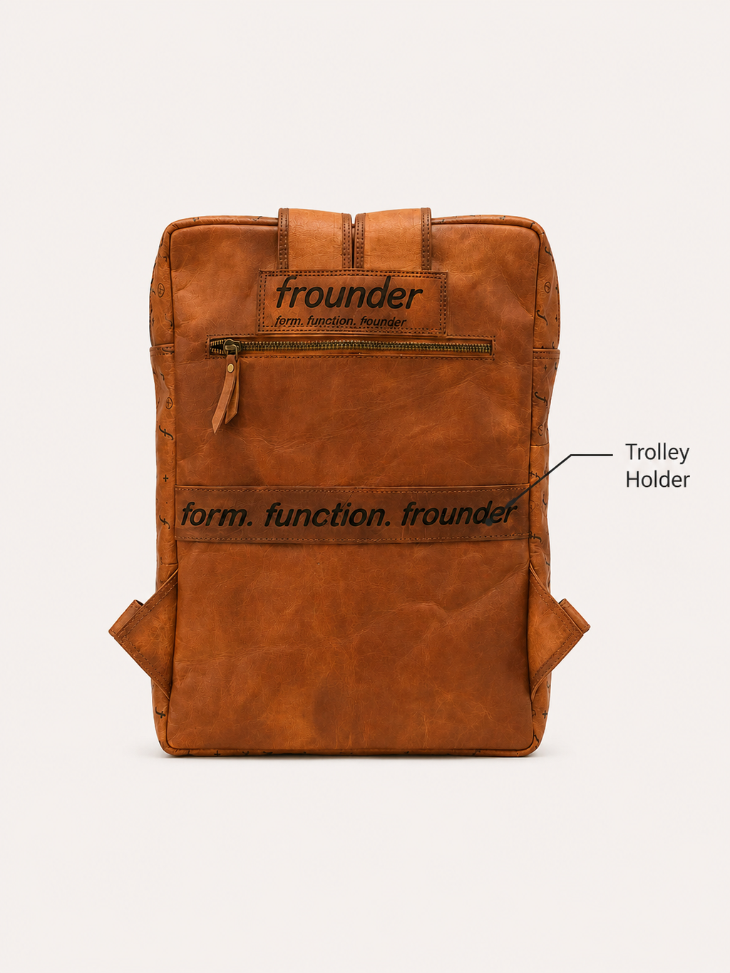 Trailhead Daypack rear detail with a labelled trolley holder and zipped pocket.