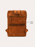 Trailhead Daypack rear detail with a labelled trolley holder and zipped pocket.