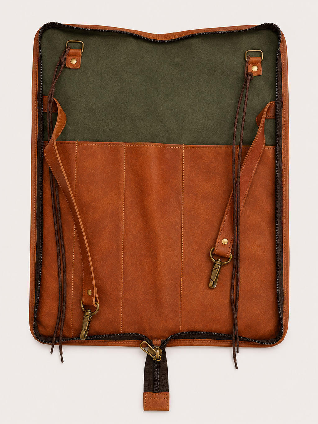 Empty Cadence Stick and Mallet Bag opened flat, showing four long pockets, attachment rings, cords and clip-ended straps.