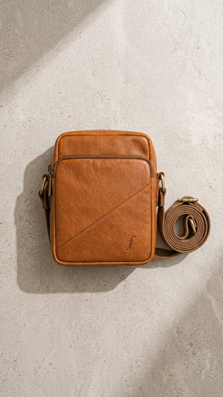 Sprig bag laid flat beside its rolled shoulder strap.