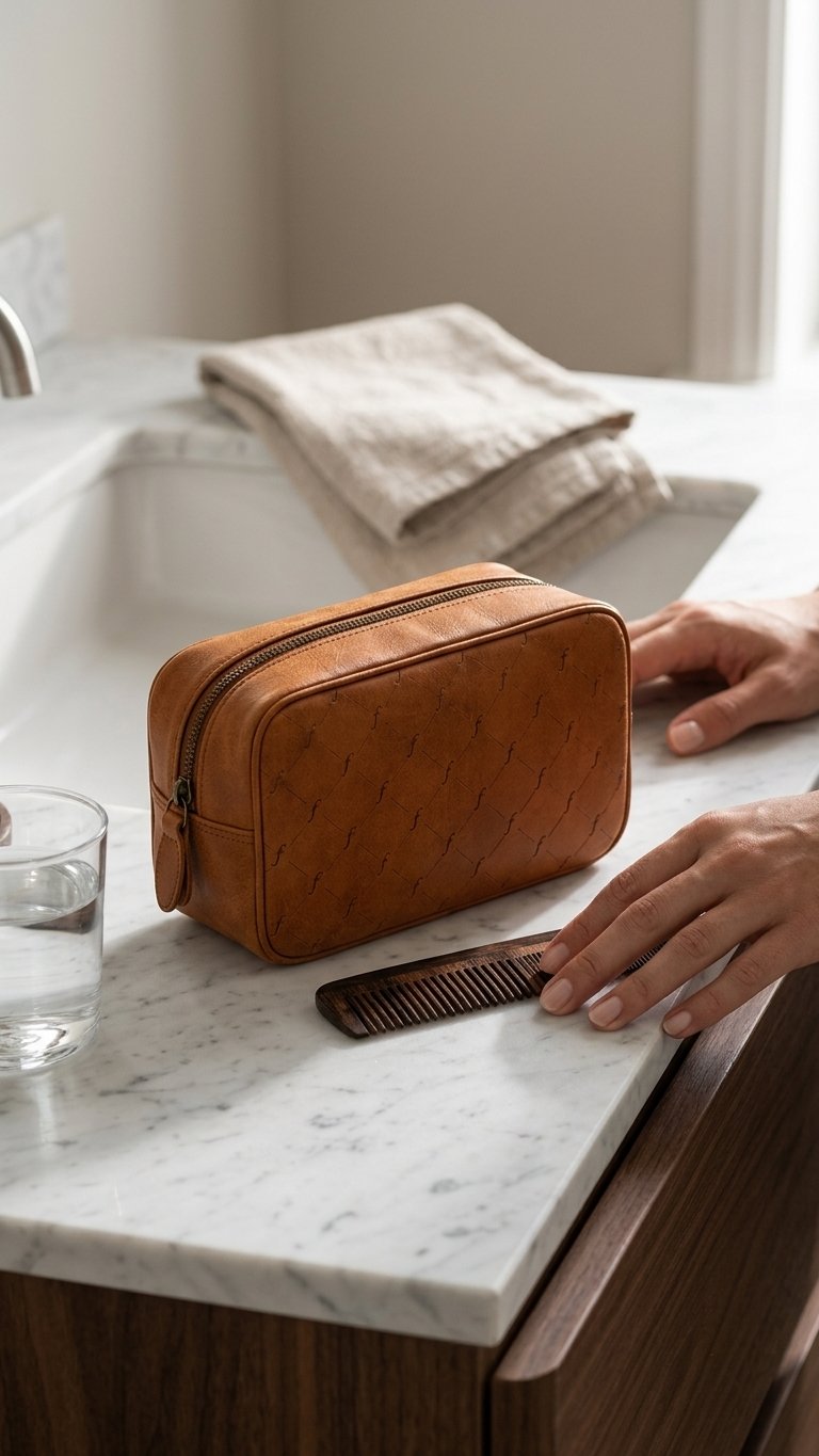 Washwood Toiletry Bag pouch beside a bathroom basin and comb, with the top zipper closed.