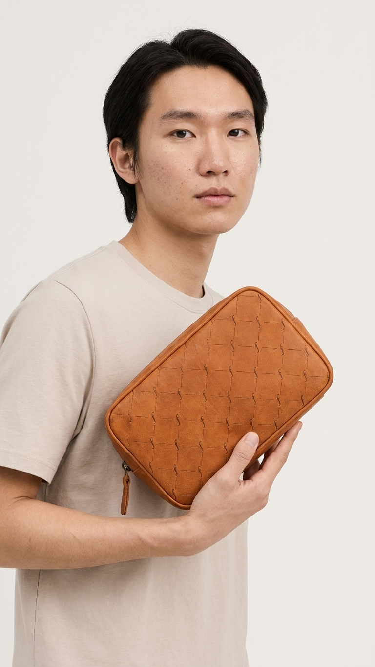 Washwood Toiletry Bag pouch held against the body, showing its patterned front panel.