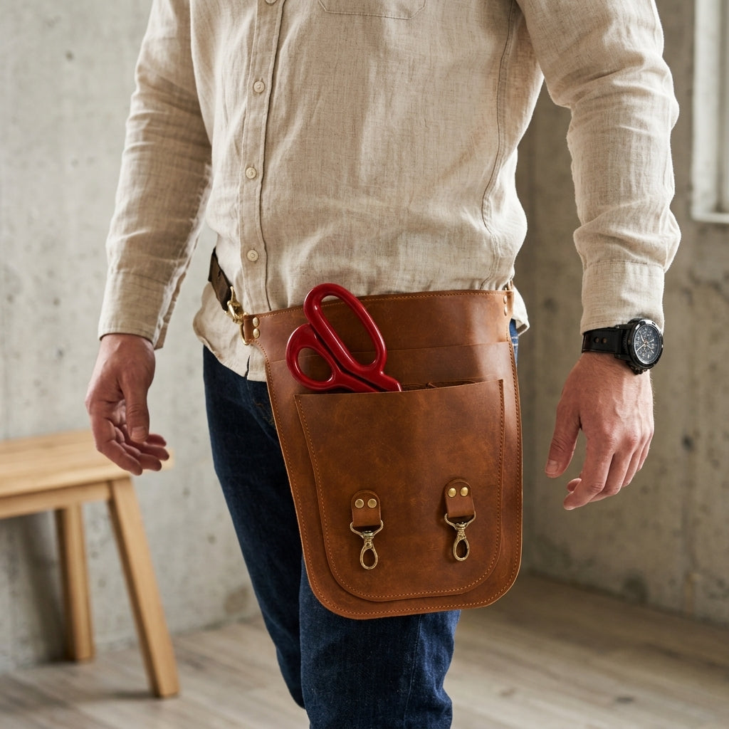 Brown Benchside Tool Bag worn at the hip with scissors in a pocket and both front clips visible.