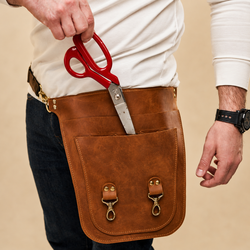 Close view of scissors being lifted from a sleeve in the hip-worn Benchside Tool Bag.
