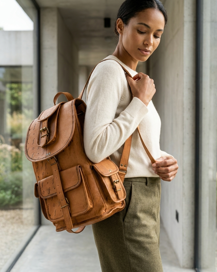 Crest carried over one shoulder, showing the front flap and side pocket against the body.