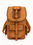 Close front view of Crest showing its patterned panel, stitching and buckle straps.