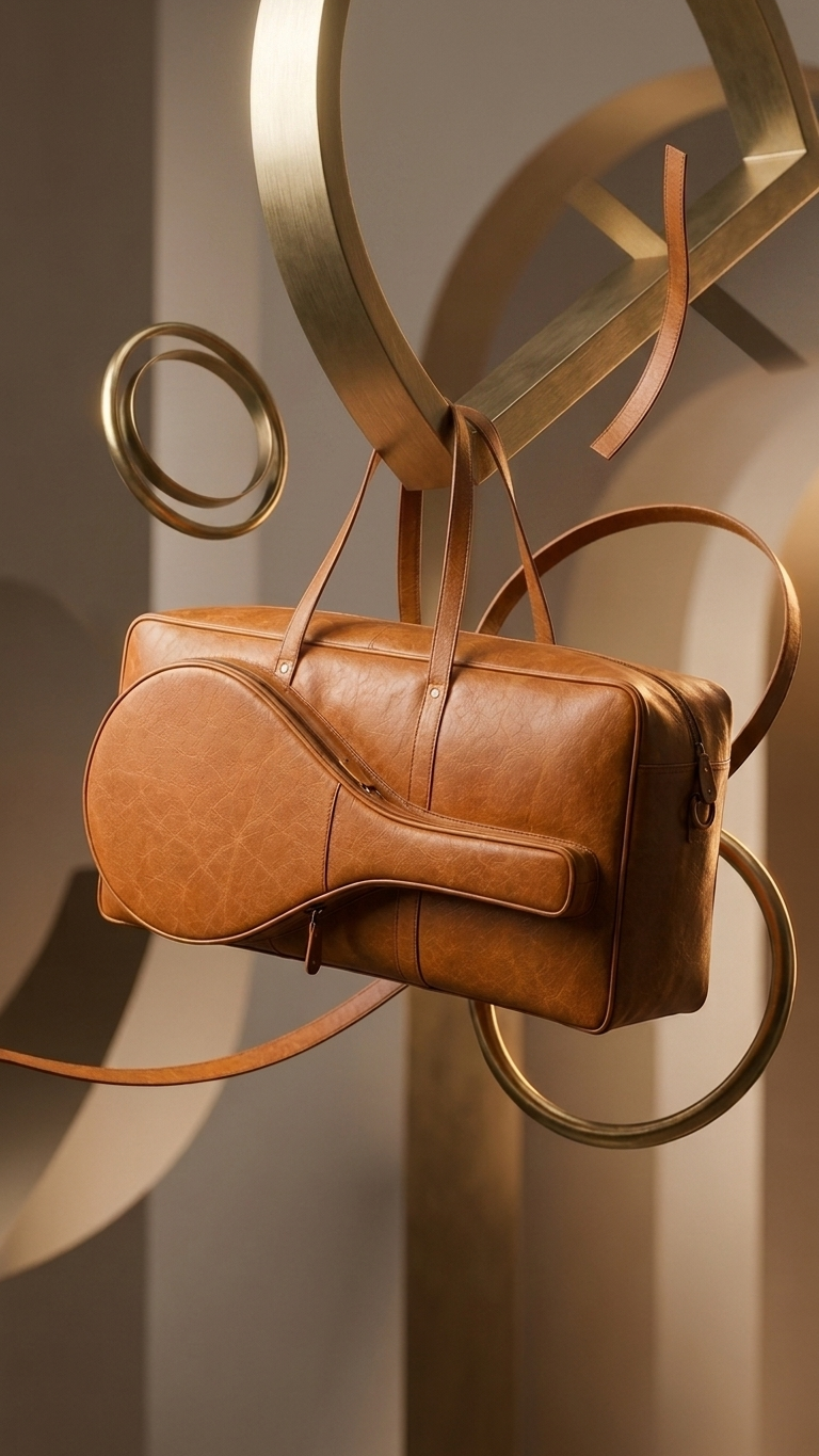 Courtside Tennis Duffel suspended in a decorative display, showing its front racket compartment and side depth.