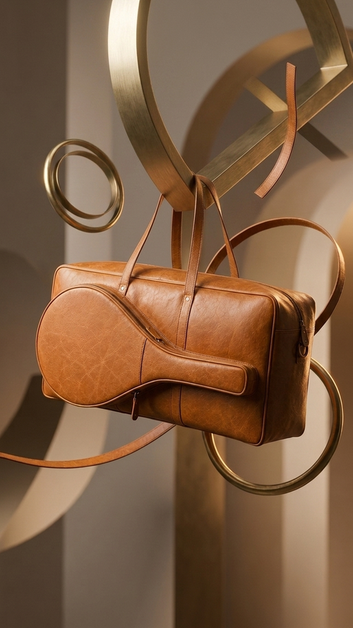 Courtside Tennis Duffel suspended in a decorative display, showing its front racket compartment and side depth.