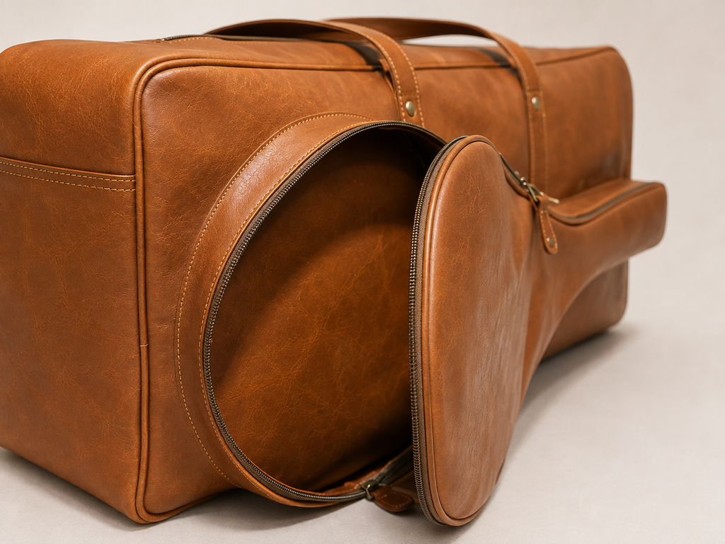 Close view of the Courtside bag with its racket-shaped front compartment unzipped.
