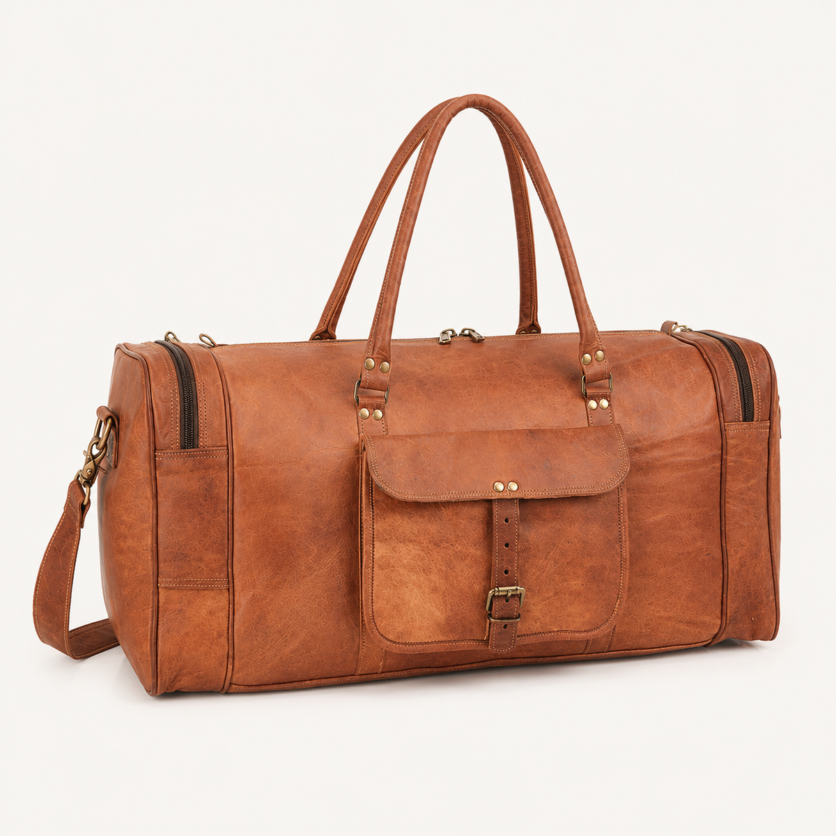 Oakpath front detail showing the pocket buckle, handle rivets, zip openings and shoulder-strap clip.
