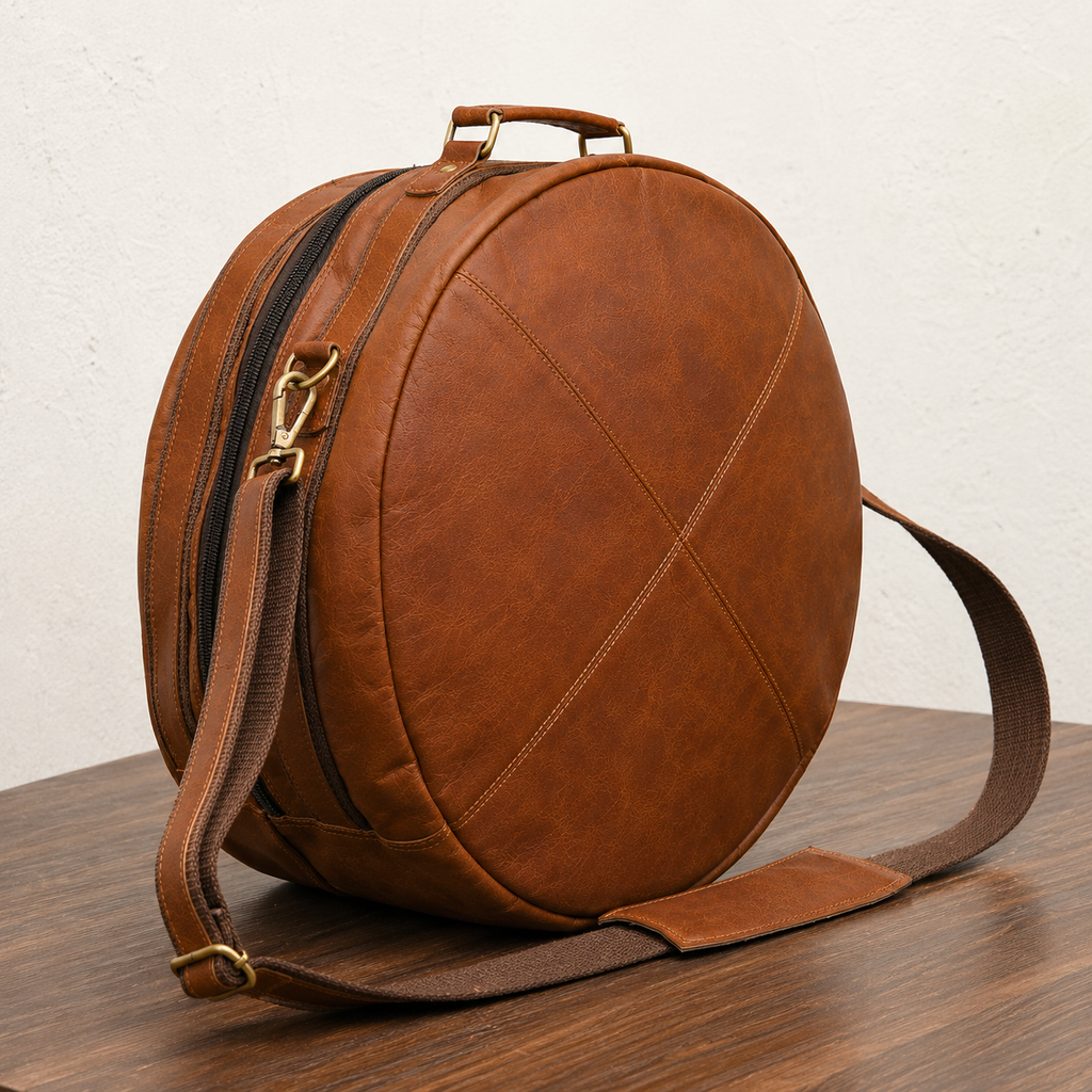 Woodnote Drum Bag viewed at an angle, showing its circular shape, stitched front panels, top handle and clip-on shoulder strap.