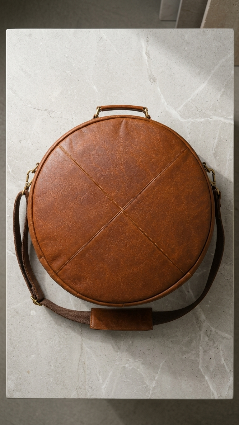 Woodnote Drum Bag laid on pale stone, showing crossed front stitching and the shoulder pad on its strap.