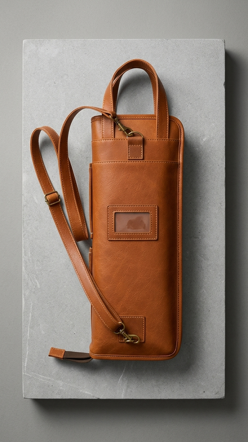 Closed Backbeat Drumstick Bag on pale stone, showing its carrying handles, adjustable clip-on strap and card window.