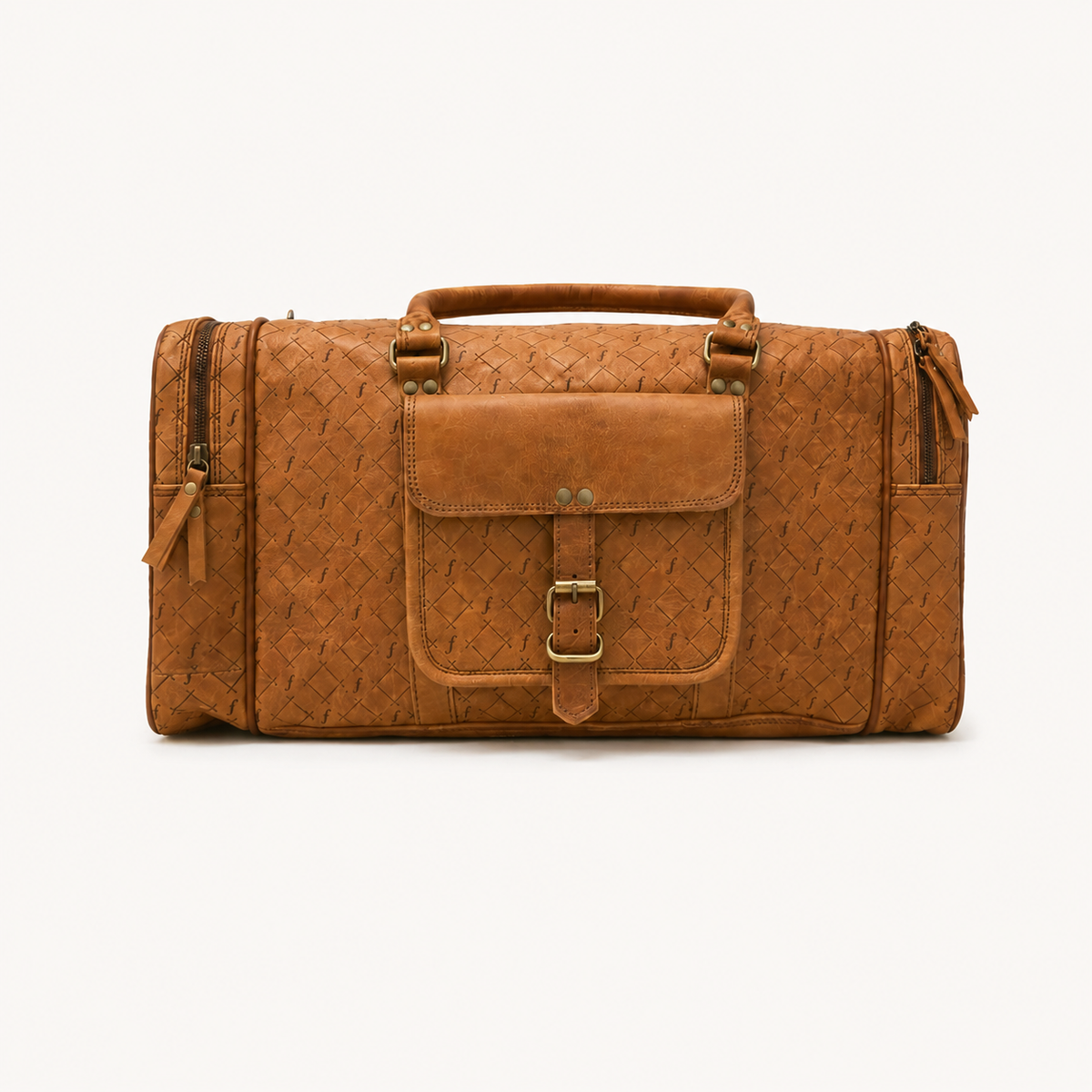 Ridgeline Weekender Duffel front view with patterned leather, twin handles and a buckled front pocket.