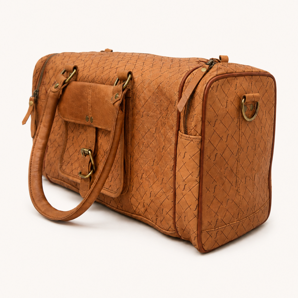 Ridgeline Weekender Duffel angled view showing the end panel, zip and shoulder-strap attachment ring.
