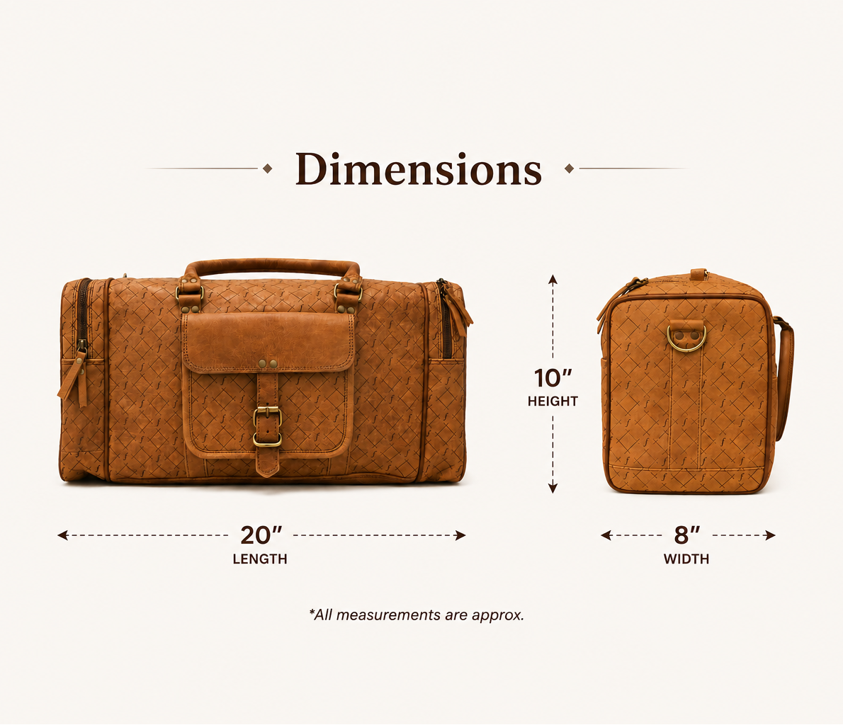 Ridgeline Weekender Duffel measurement graphic: approximately 20 inches long, 10 inches high and 8 inches wide.
