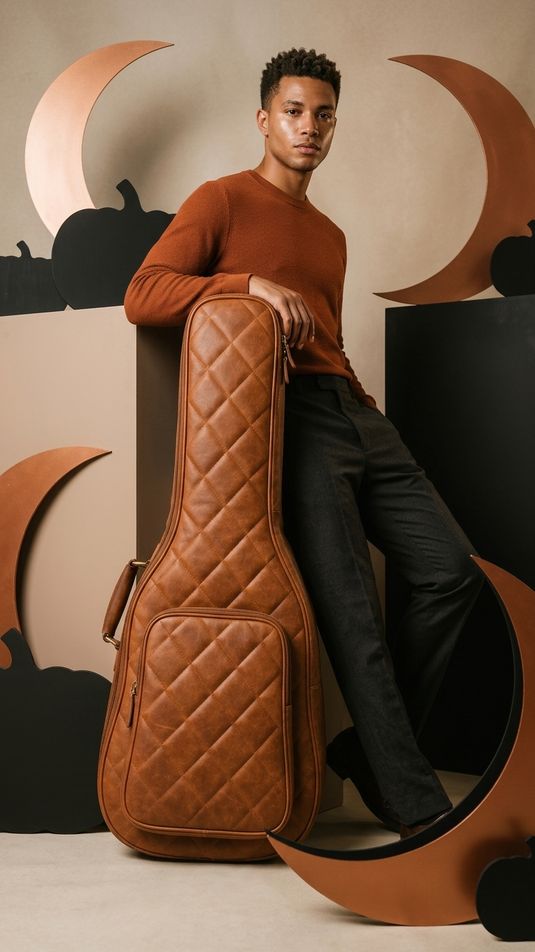 Stringwood Guitar Bag standing beside a person, with its stitched front and accessory pocket facing forward.