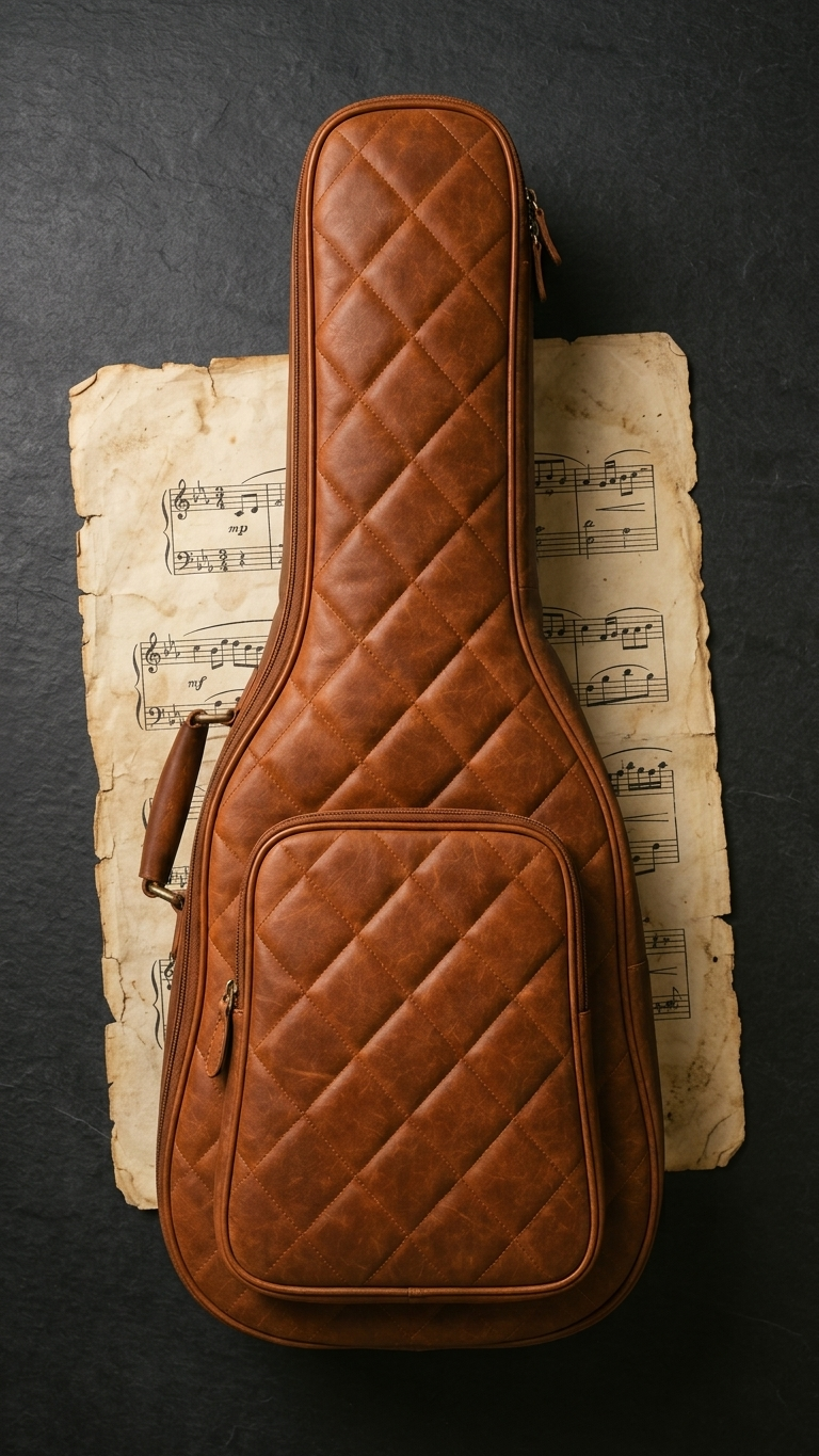Stringwood Guitar Bag arranged over sheet music on a dark surface, showing the front pocket and side handle.