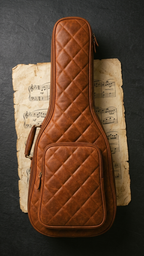 Stringwood Guitar Bag arranged over sheet music on a dark surface, showing the front pocket and side handle.