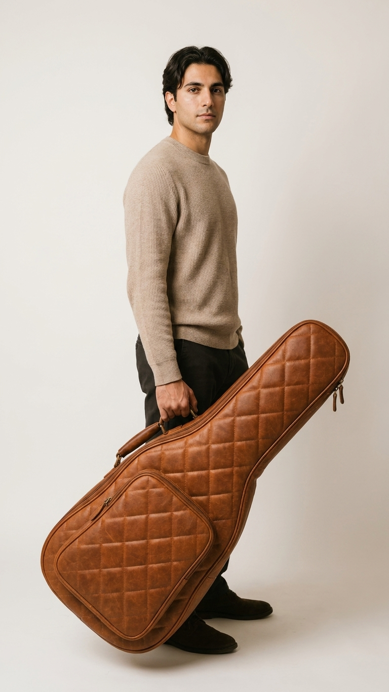 Stringwood Guitar Bag carried by its side handle beside the body.