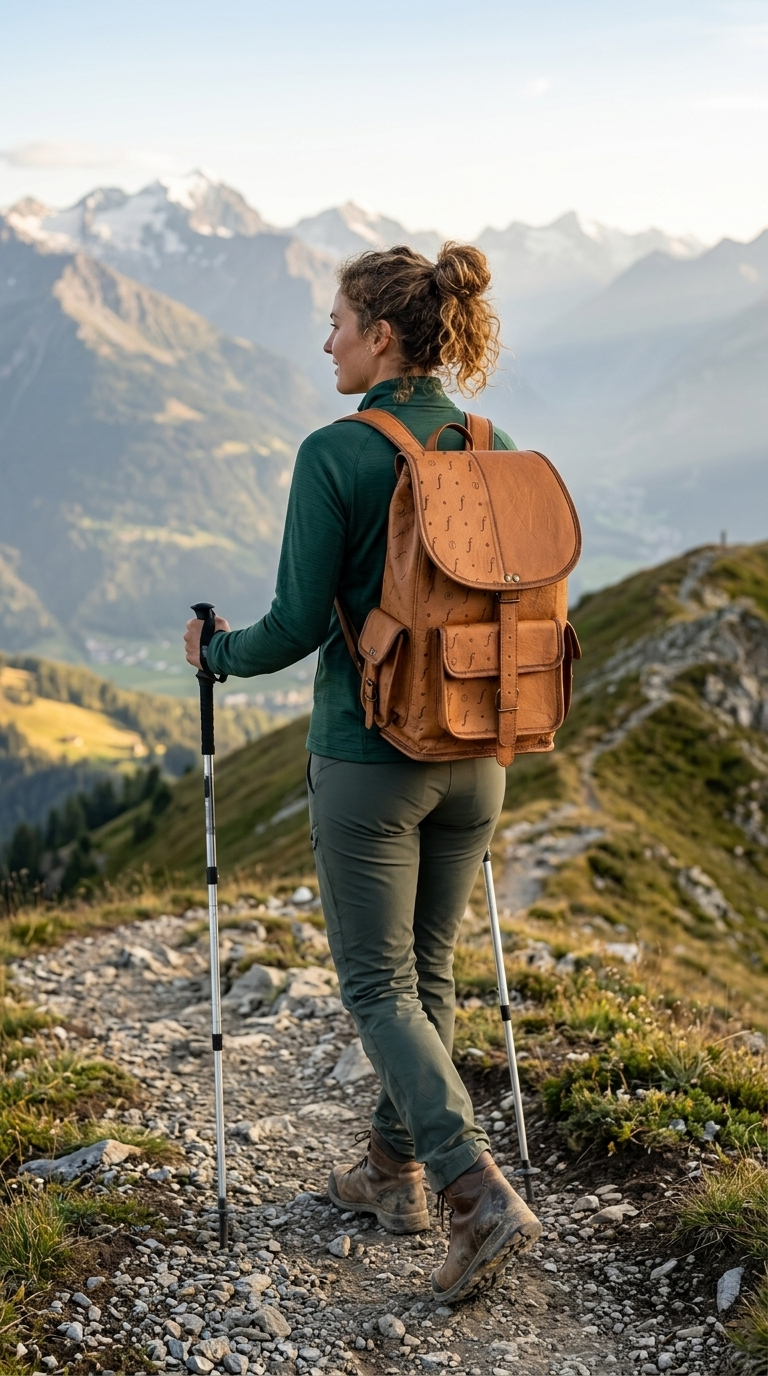 Roamwood backpack worn on a mountain path, showing its side pocket and overall profile.