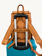 Rear of Roamwood secured over a suitcase handle using the horizontal luggage band.