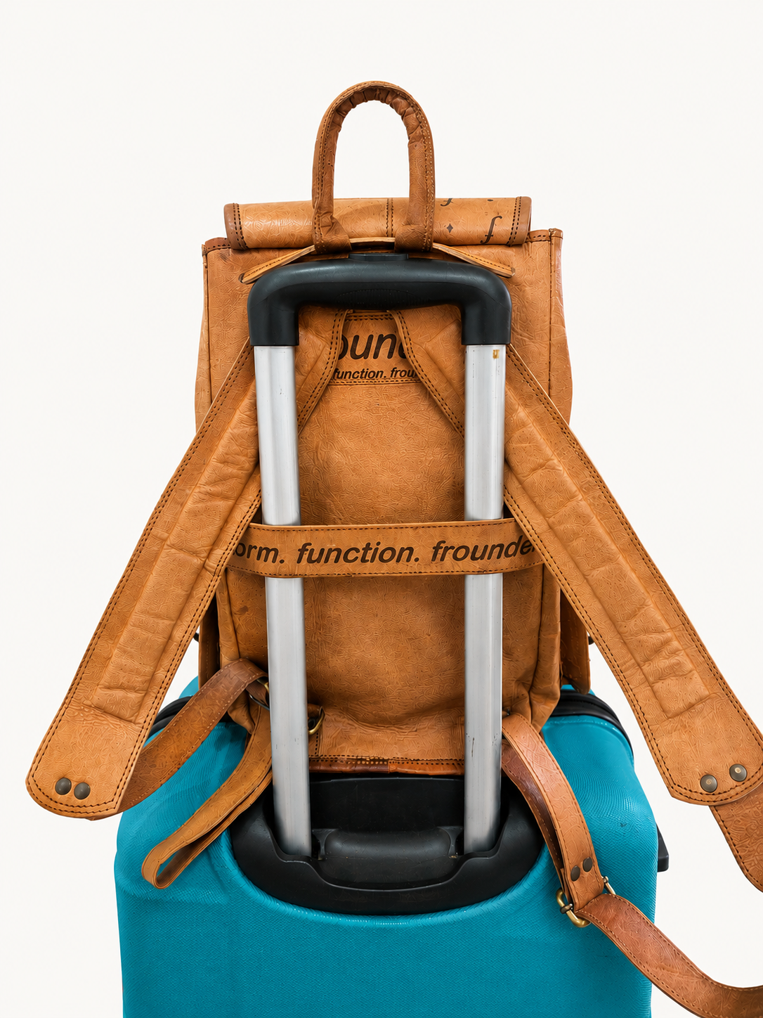 Rear of Roamwood secured over a suitcase handle using the horizontal luggage band.