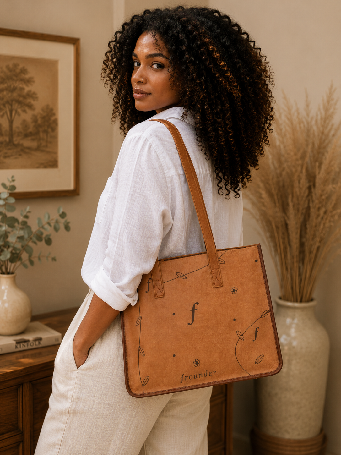 Meadow worn over one shoulder, showing the tote resting at the hip.
