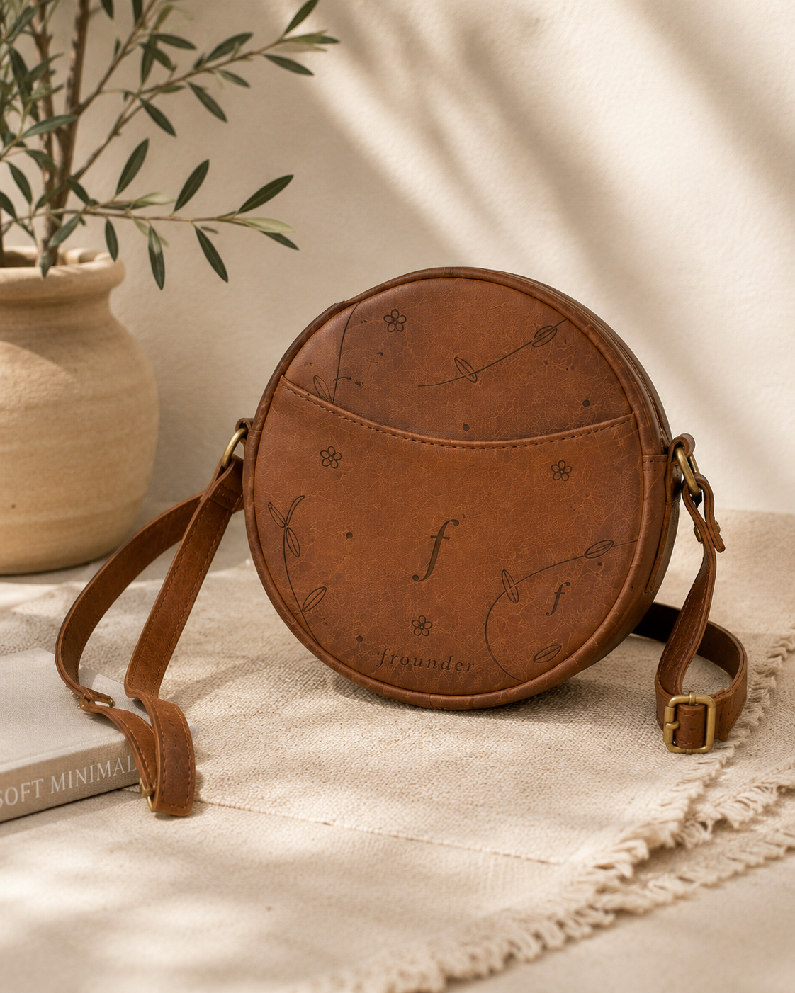 Glade resting on cream fabric, with the front pocket and strap buckle visible.
