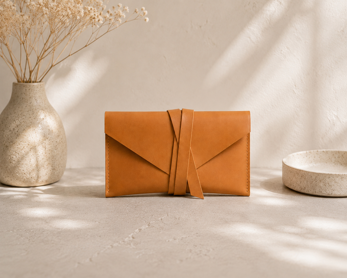 Pocketgrove envelope clutch with a pointed flap and long wraparound tie.