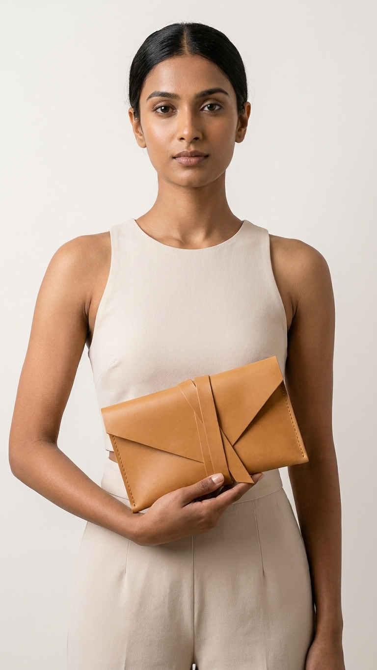 Pocketgrove clutch held against the body, showing its flat envelope shape.