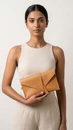 Pocketgrove clutch held against the body, showing its flat envelope shape.